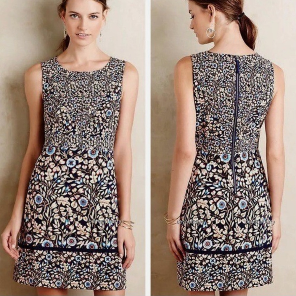 Anthropologie Maeve Brindle Sleeveless‎ Shift Dress size 2 Dark Floral Boat Neck